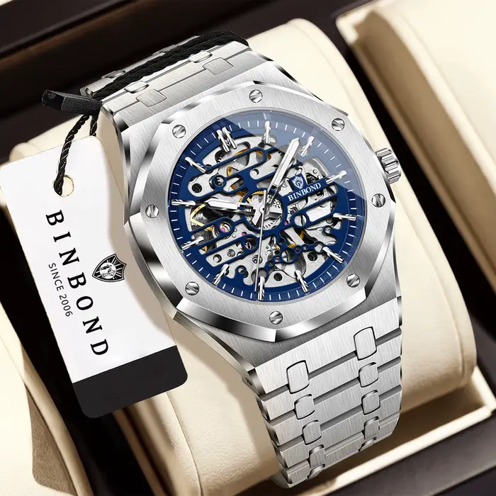 Montre mécanique squelette BINBOND résistante à l'eau pour homme avec mouvement automatique et bracelet en acier inoxydable occasions spéciales et quotidienne