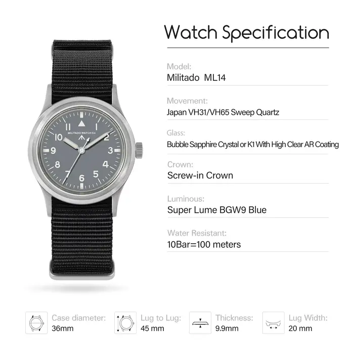Militado ML14 V2 montre VH31 balayage deuxième mouvement à Quartz saphir miroir AR revêtement veilleuse 100m