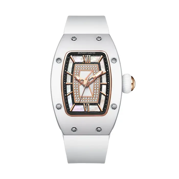 BONEST GATTI femmes montre automatique de luxe dames 32mm Tonneau mécanique montre-bracelet saphir fluororubber bracelet papillon fermoir
