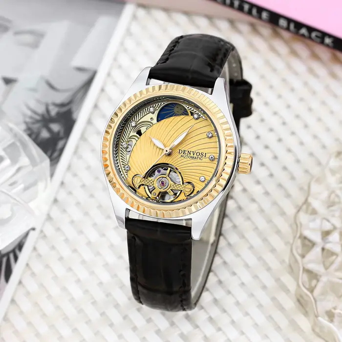 Montre en cuir lumineuse à double creux pour dames, volant d'inertie, montre-bracelet mécanique étan