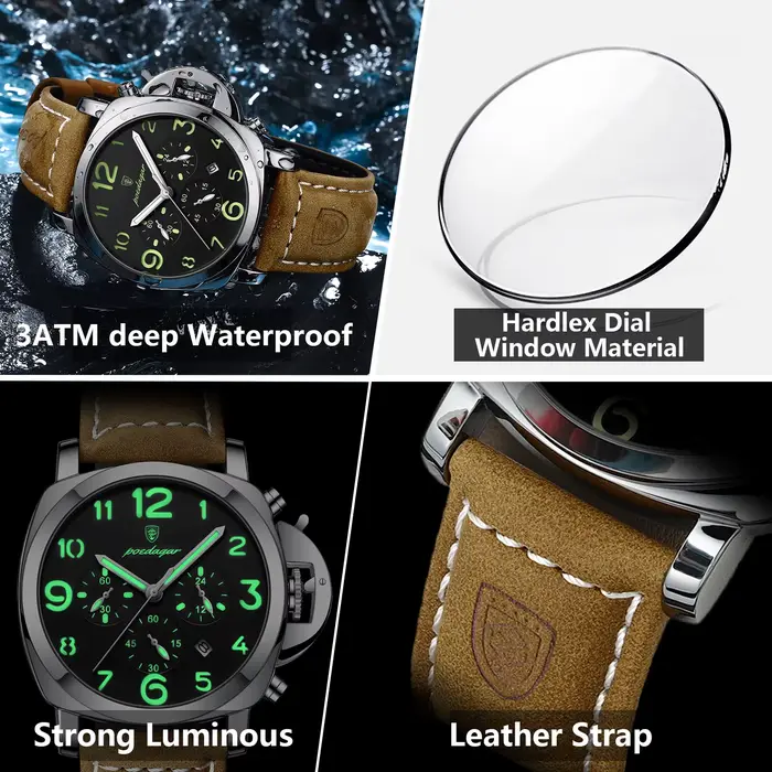 Montre Militaire de Luxe POEDAGAR en Cuir avec Fonctionnalités Avancées pour Hommes Occasions Spéciales et Journées Aventureuses