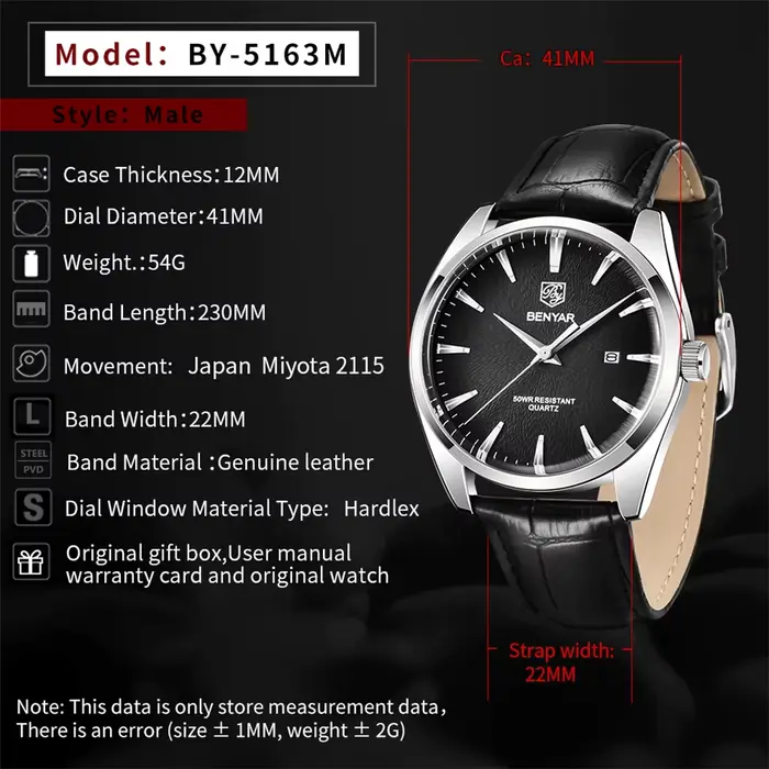 Montre en cuir Benyar 5163 Quartz étanche pour hommes avec boucle ardillon et calendrier complet style militaire occasionnels spéciaux