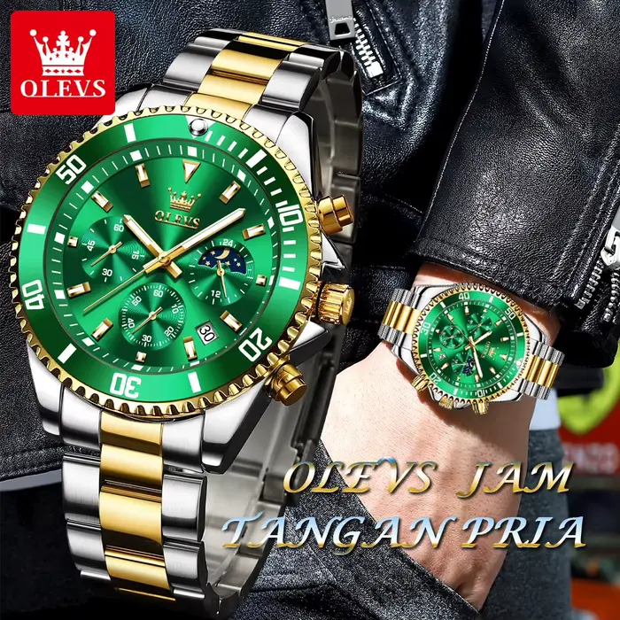 OLEVS 2870 montres pour hommes phase de lune calendrier en acier chronographe montre à Quartz originale grand cadran