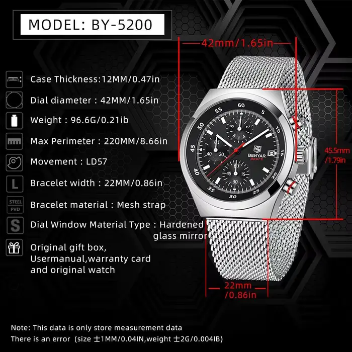 BENYAR nouveaux hommes montre 42mm