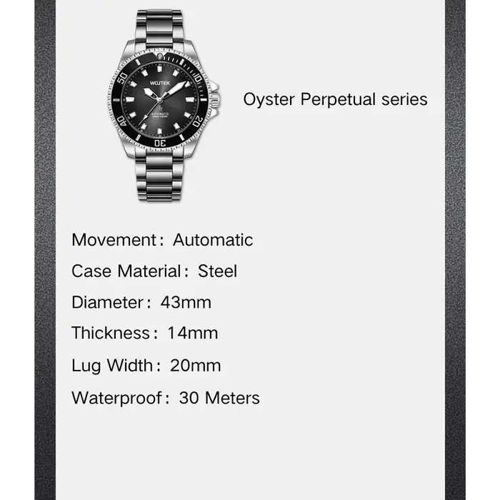Montre mécanique automatique Submariner avec boîtier et bracelet en acier de 40 mm de diamètre et 14 mm d'épaisseur