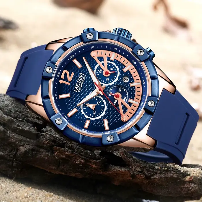 Montre homme MEGIR cadran bleu bracelet cuir résistante à l'eau pour affaires et occasions spéciales quartz élégante