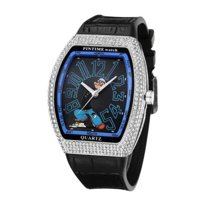 Nouvelle Montre Homme 2026 Iced Out Tonneau Luxe Diamant Hip Hop Quartz Créative Mode Marin Cartoon 