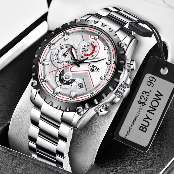 Montre LIGE en acier inoxydable avec fonction de chronomètre et résistance à l'eau pour homme, affaires, sport et occasions spéciales