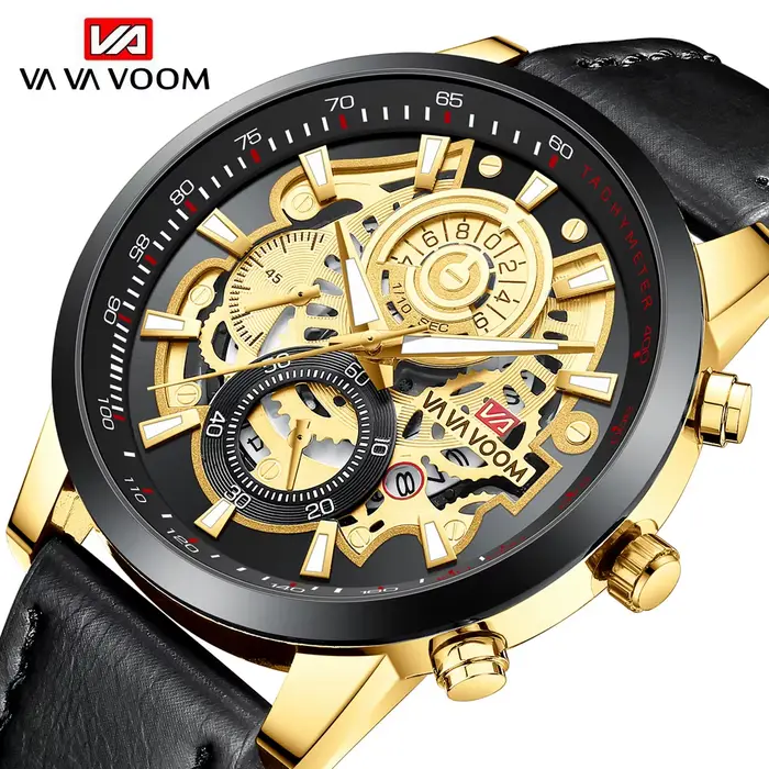 Montre VA VA VOOM en alliage avec bracelet en cuir robuste pour hommes, résistante à l'eau, anti-magnétique et dotée de calendrier complet, idéale pour les sports et les voyages