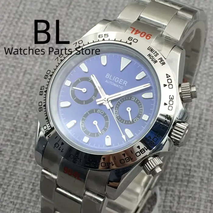 Montre BLIGER 39mm Chronographe Automatique Lumineuse Pour Hommes Étanche Acier Inoxydable Verre Saphir Cadran Noir Blanc Occasions Spéciales