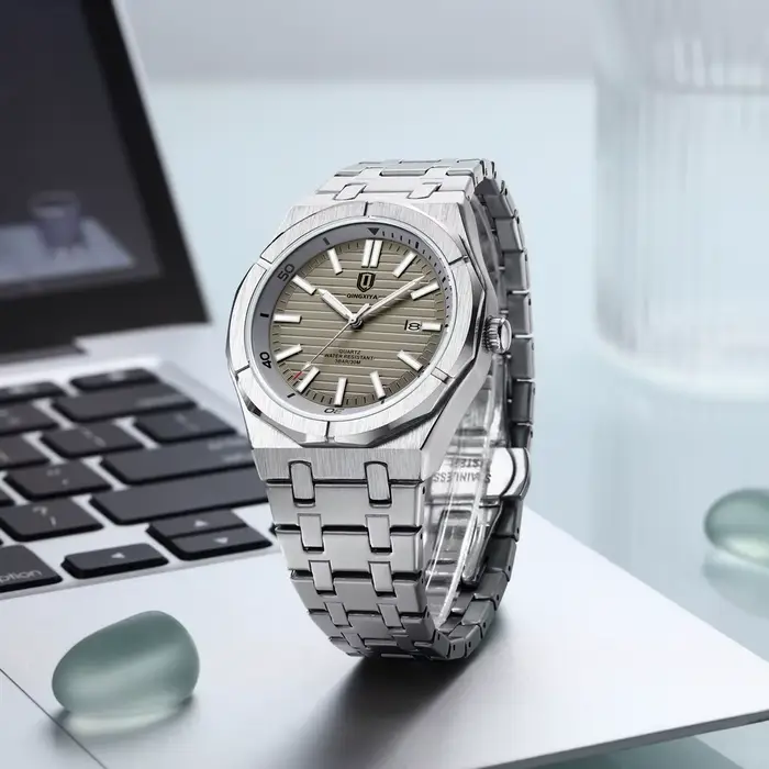 Montre QINGXIYA pour Hommes Luxe Auto Date Quartz Acier Inoxydable Étanche Occasions Spéciales