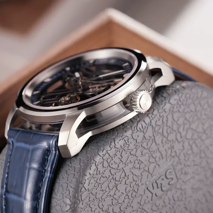 OBLVLO nouveau évider Transparent mécanique automatique hommes montre bleu squelette cadran bracelet en cuir lumineux classique montres KM-S