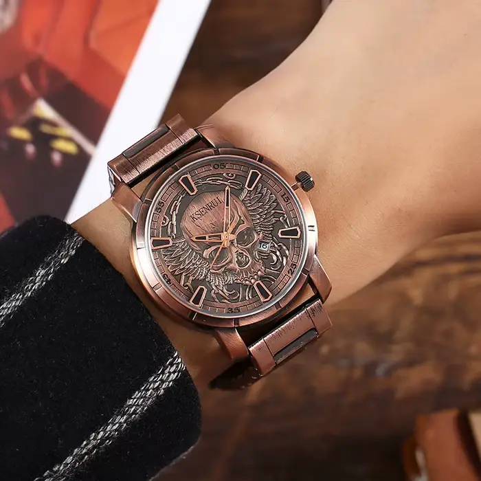 Montre Crâne Rétro Hommes Bracelet Luxe Acier Cuir Horloge Cadeau Occasions Spéciales