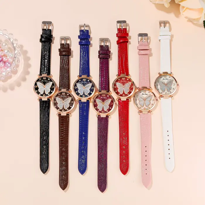 Montre à quartz analogique avec bracelet en cuir pour femme
