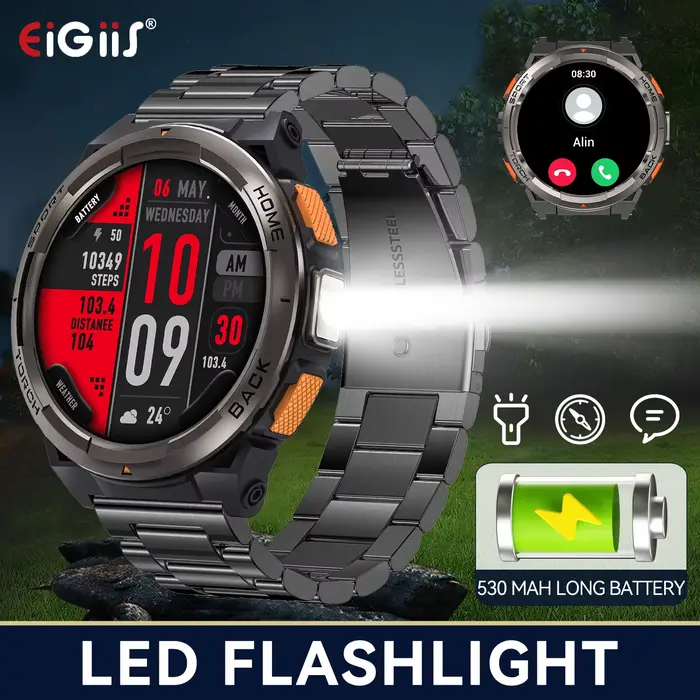 Montre intelligente Ell5 2024 3iko avec boussole baromètre altitude appel lampe de poche LED pour sport aventuriers femmes hommes