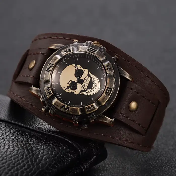 Montre-bracelet à quartz homme bracelet cuir vintage cadran grand style hip-hop occasionnels spéciaux