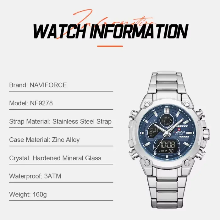 Montre-bracelet NAVIFORCE NF9278 multifonction sportive pour homme avec double affichage analogique-digital et chronographe