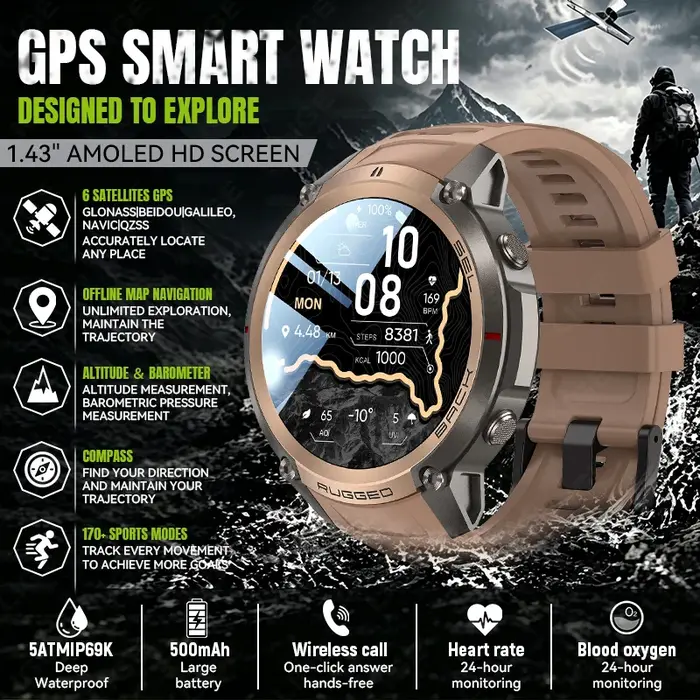 Montre connectée GPS professionnelle étanche pour hommes avec suivi de fitness et navigation hors ligne occasions extérieures探险活动