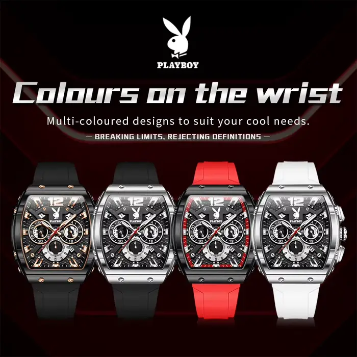 Montre PLAYBOY 3075 en alliage avec bracelet en silicone pour hommes, style mode et décontracté, résistance à l'eau 3 bars, idéale pour les occasions spéciales et cadeaux d'anniversaire