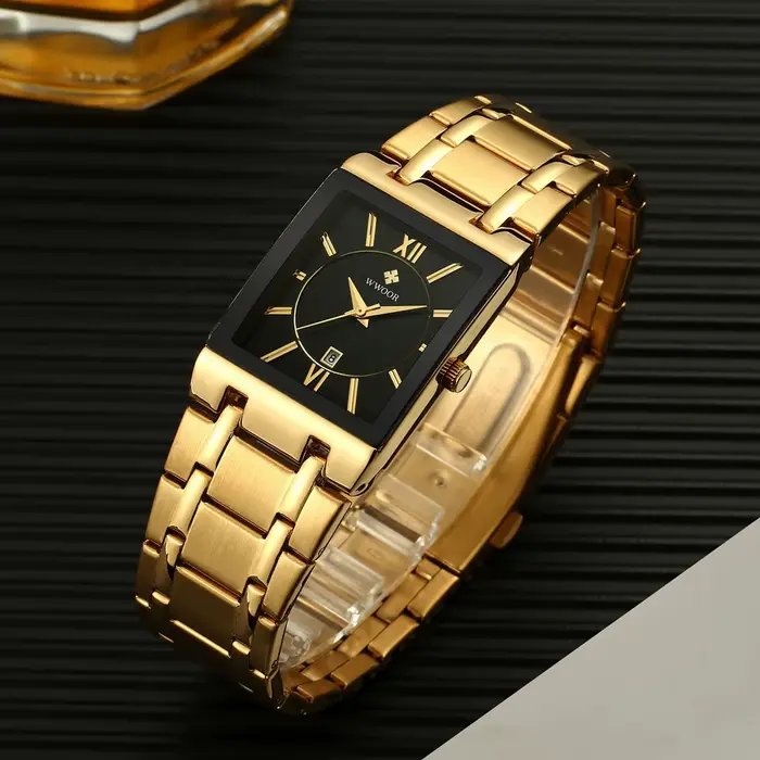 Montre carrée homme en acier inoxydable avec mouvement quartz doré résistante à l'eau pour toutes les occasions