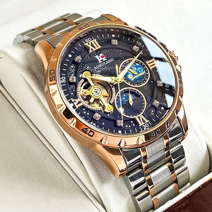 Montre multifonctionnelle homme automatique avec phase de lune lumineuse cadran 43mm résistante à l'eau occassions spéciales