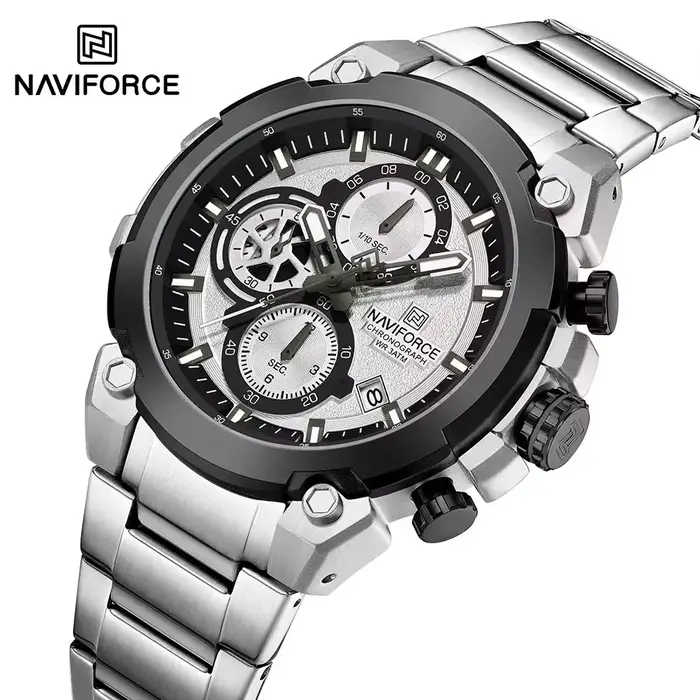 Montre Naviforce homme acier inoxydable avec affichage de la date et chronographe pour occasions spéciales et tenues de sport