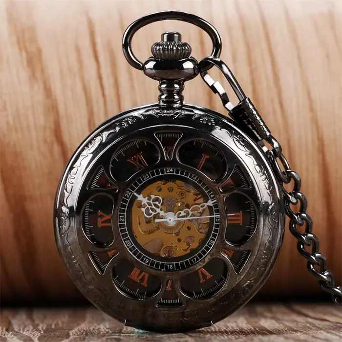 Montre de poche mécanique creuse or Rose/noir avec fleur de citrouille, affichage de chiffres romain