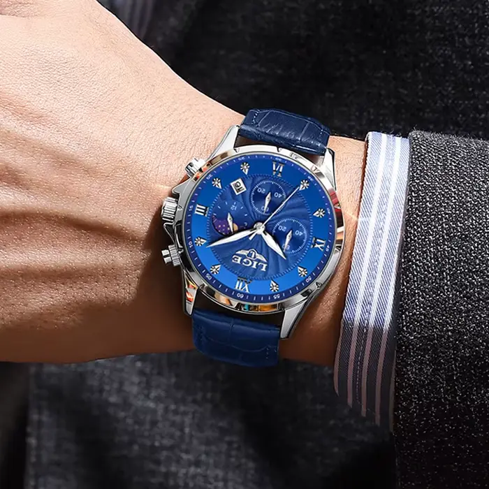 LIGE montre en cuir bleu hommes mode affaires montres militaires