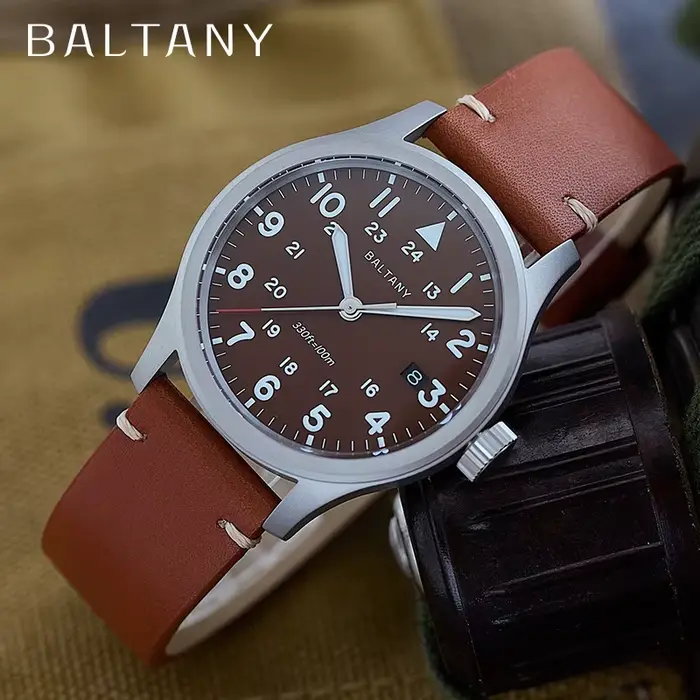 Montre à quartz militaire Baltany S2082, date, batterie, étanche 100M, rétro, en cuir, pour le travail, le bureau, usage quotidien, grands chiffres