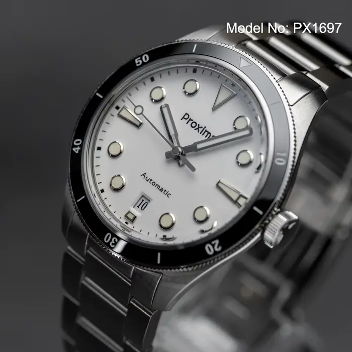 Montre Mécanique Vintage Proxima avec Bracelet en Acier 316L et Dial en Émail Blanc pour Occasions Spéciales et Usage Daily