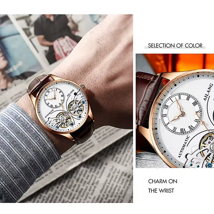 AILANG flambant neuf mode Double Tourbillon montre pour hommes de luxe en acier inoxydable étanche automatique montres