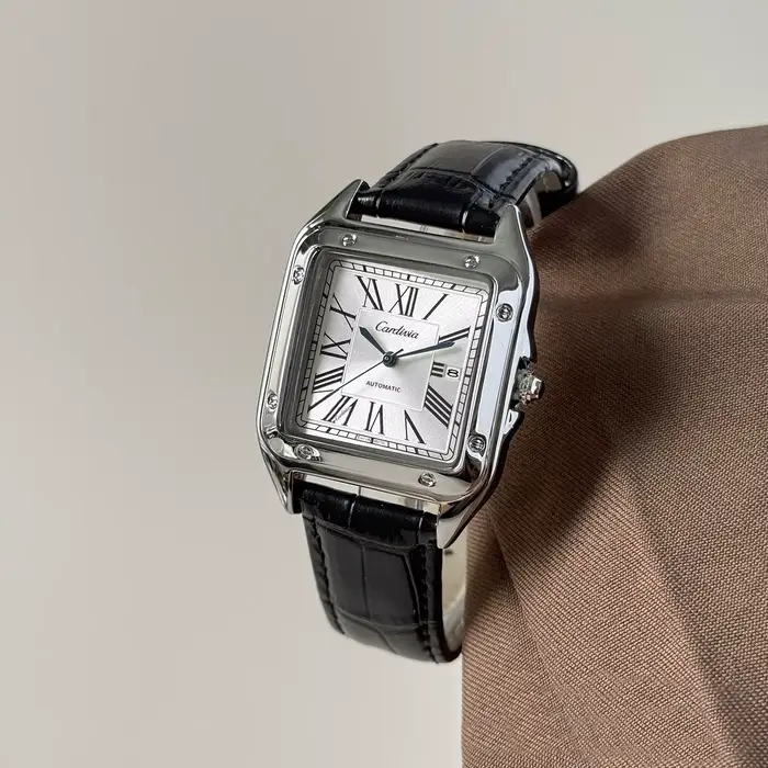 Montre à quartz pour homme avec chiffres romains carrés, boîtier en acier inoxydable de luxe, bracel