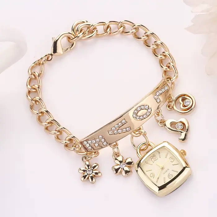 Montres pour femmes avec lettres strass incrusté chaîne Bracelet fleur pendentif montre-Bracelet dames robe