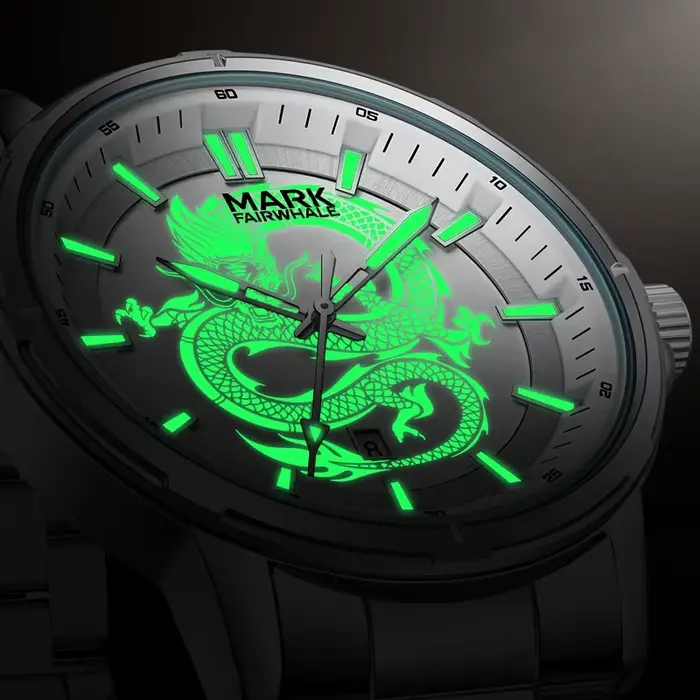 Montre homme MARK FAIRWHALE cadran gravé dragon lumineux montre-bracelet quartz étanche occasionnels spéciaux