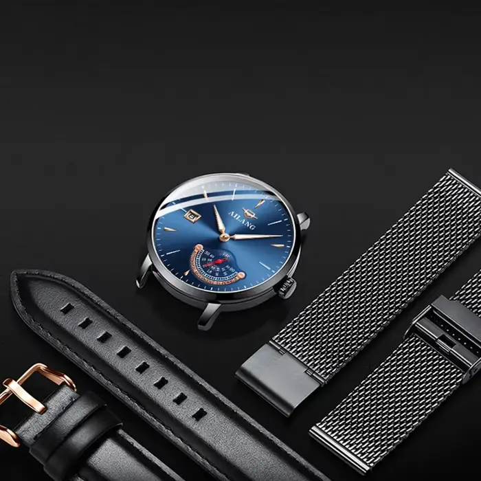 Montre mécanique AILANG en acier inoxydable avec bracelet en cuir de vachette pour hommes, résistante à l'eau, avec affichage nocturne et calendrier complet, pour tous les styles et occasions