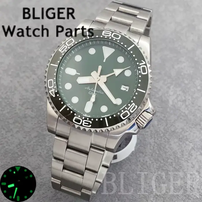 BLIGER 40mm GMT montre pour hommes NH34 mouvement automatique 3.8 couronne cadran vert insérer 10Bar