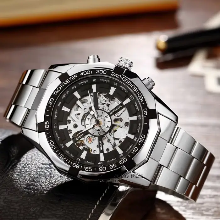 Montre automatique en acier inoxydable pour hommes, couleur argent et or, squelette, marque de luxe,