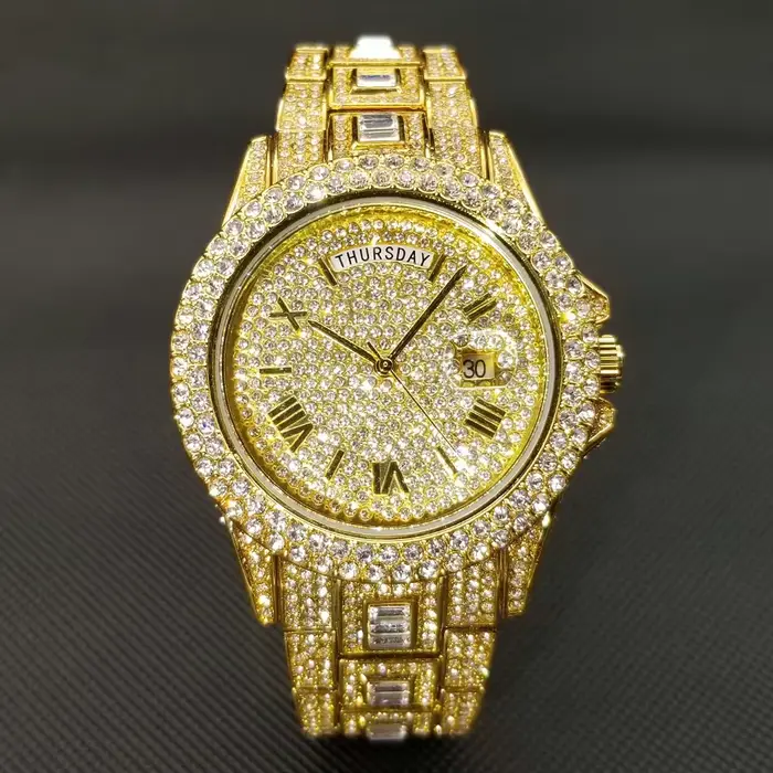 Date jour diamant montre pour hommes de luxe en acier inoxydable Style de rue glace sur montre-brace