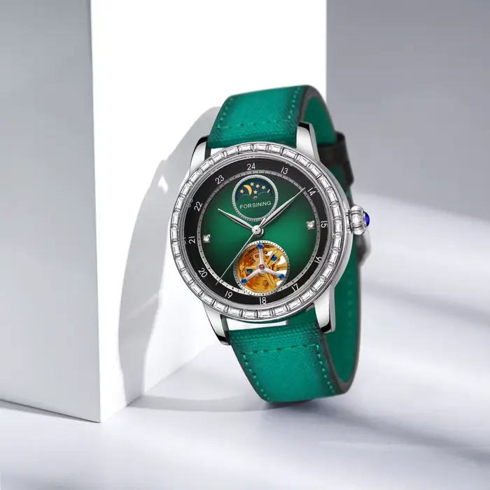 Marque de luxe Tourbillon squelette montres mécaniques Phase de lune sculpté mouvement strass automatique montre pour hommes bracelet en cuir