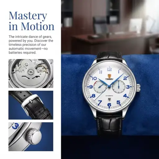 Montre mécanique automatique série chronographe acier 42mm avec bracelet en cuir pour homme fonction chronographe et calendrier complet occasions spéciales