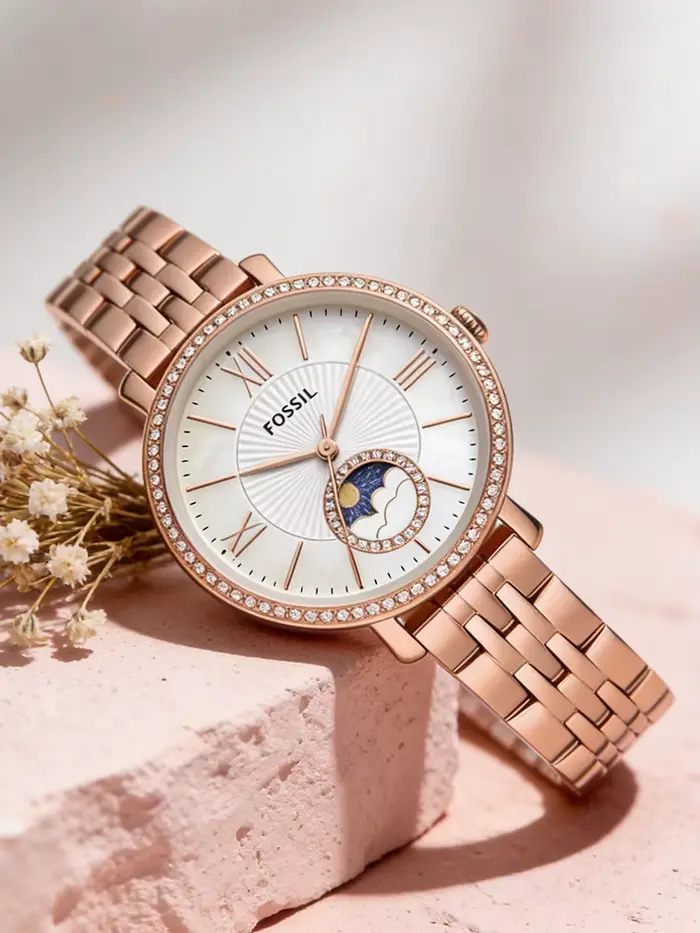 Montre Fossil ES5165 or rose acier inoxydable multifonction résistante à l'eau pour femmes occasions spéciales élégante