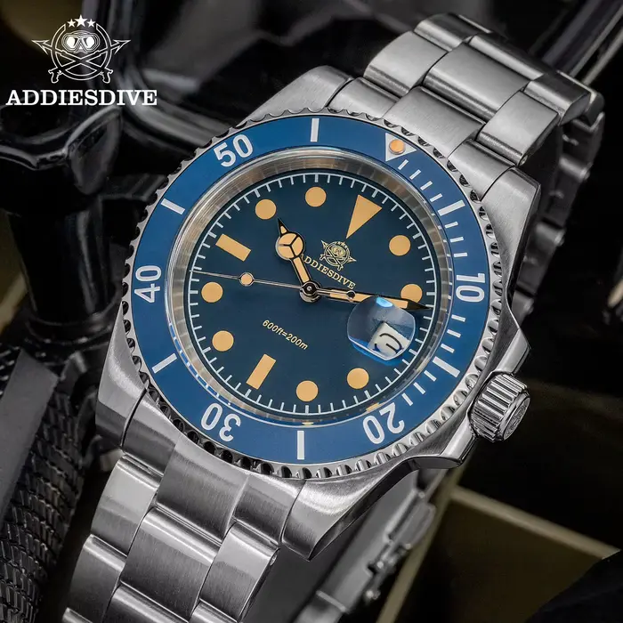 Montre plongeur homme ADDIESDIVE céramique verte résistante à l'eau 200m quartz avec lunette unidirectionnelle et bracelet acier inoxydable