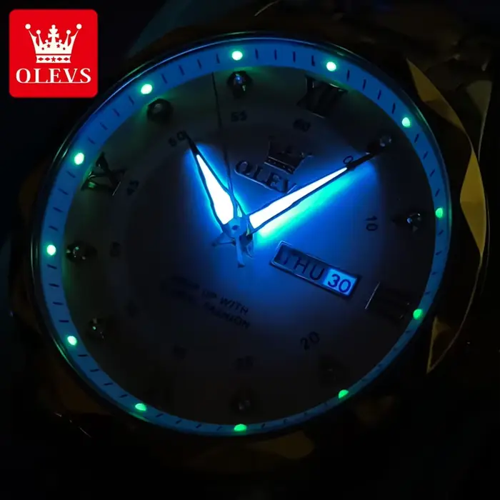 Montre OLEVS Quartz Lumineuse Élégante avec Affichage de la Semaine et Calendrier Complet Occasions Spéciales pour Hommes