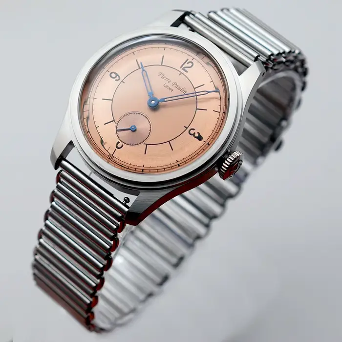 Pierre Paulin saumon cadran montre 50m peau plongeur montre Vintage petites secondes mécanique montre à main 38mm Reloj Hombre métal