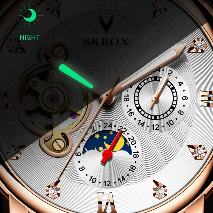 Montre SKROX Phase de lune Tourbillon Automatique à Remontage Automatique en Acier Inoxydable Cuir Pour Homme Occasions Spéciales