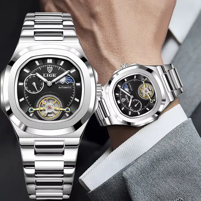 Montre LIGE pour Homme Luxe Automatique Boîtier Carré Élégante Bracelet Acier Inoxydable Occasions Formelles