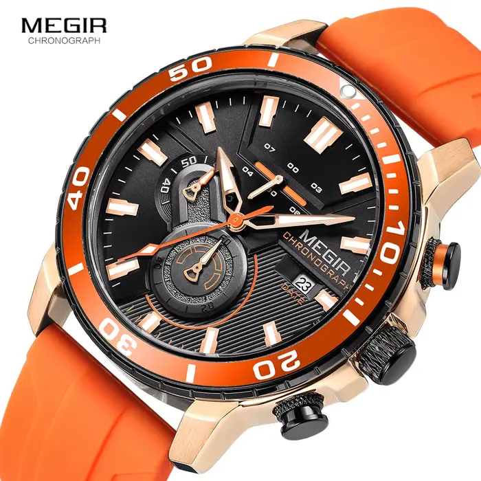 MEGIR montre de Sport Orange pour hommes mode bracelet en Silicone étanche chronographe montre-bracelet à Quartz avec Date automatique aiguilles lumineuses