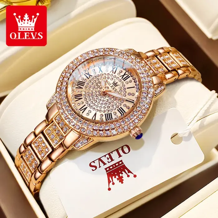 OLEVS 9943 femmes montre haut de gamme de luxe or Rose diamant étanche