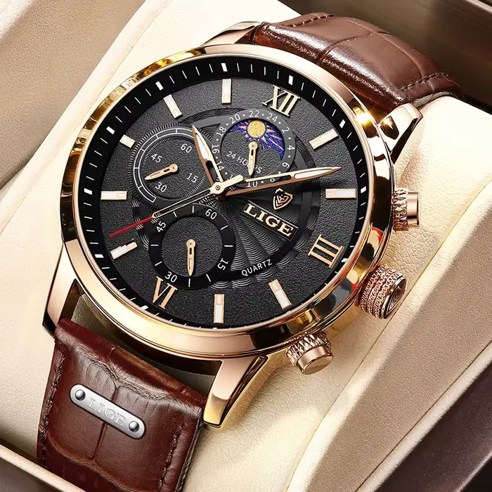 LIGE 2024 nouvelles montres pour hommes Top marque de luxe en cuir marron montre à Quartz décontractée