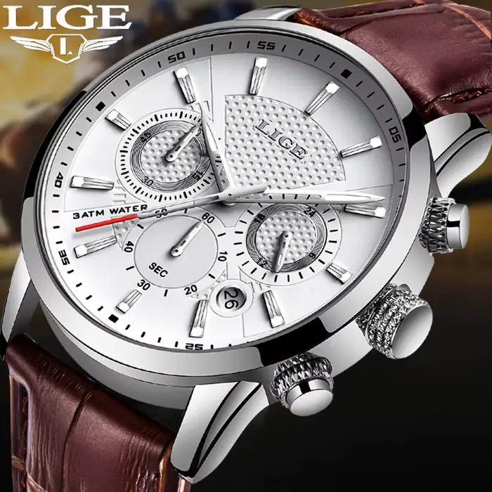 Nouvelle montre LIGE en cuir marron pour hommes, montre sportive quartz, résistante à l'eau, avec chronographe et affichage lumineux pour les occasions spéciales